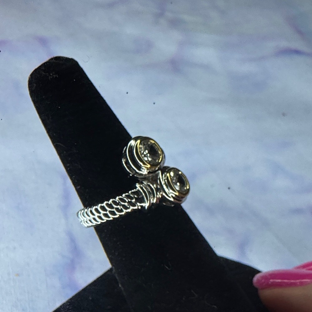 Silver Two-Stone Open Coil Ring with Clear Crystals - Picture 2 of 3